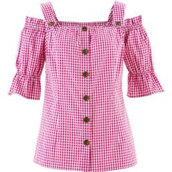 Bluzka w stylu ludowym, krótki rękaw bonprix fuksja - biały w kratę. Czerwone bluzki damskie marki bonprix, z krótkim rękawem. Za 109,99 zł.