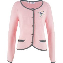 Kardigany damskie: Sweter rozpinany w ludowym stylu, z haftem, długi rękaw bonprix dymny szary – pastelowy jasnoróżowy