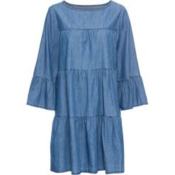 Sukienka z materiału w optyce dżinsu bonprix niebieski "used". Niebieskie sukienki damskie bonprix, bez wzorów, eleganckie, z okrągłym kołnierzem, bez rękawów, sportowe. Za 149,99 zł.