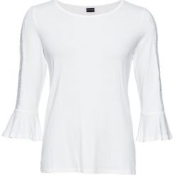 Shirt bonprix biały. Białe koszulki damskie marki bonprix, bez wzorów, z koronki, z okrągłym kołnierzem, bez rękawów. Za 69,99 zł.