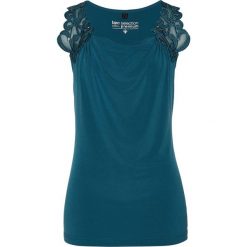 Top z kamieniami Swarovskiego® bonprix niebieskozielony. Niebieskie bluzki damskie marki bonprix, bez wzorów, z koronki, bez kołnierzyka. Za 89,99 zł.