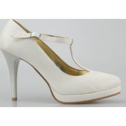 Szpilki w kratkę mieniące się ekru Butdam (37). Brązowe szpilki Estetino, w kratkę, eleganckie, na wysokim obcasie, na platformie, bez zapięcia. Za 220,00 zł.
