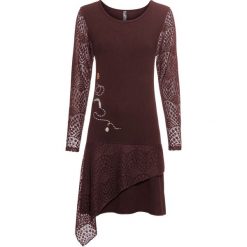 Sukienka dzianinowa z falbanami bonprix brązowy. Pomarańczowe sukienki damskie bonprix, z haftami, z dzianiny, bez kołnierzyka, bez rękawów. Za 69,99 zł.