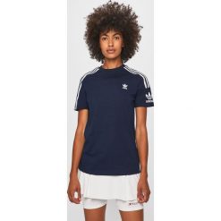 Adidas Originals - T-shirt. Niebieskie topy damskie adidas Originals, bez wzorów, z bawełny, z okrągłym kołnierzem. W wyprzedaży za 99,90 zł.