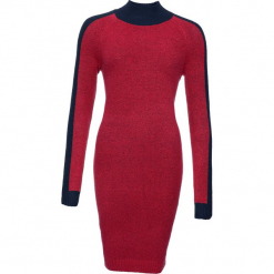 Sukienka dzianinowa "colourblocking" bonprix czerwono-ciemnoniebieski. Czerwone sukienki damskie bonprix, bez wzorów, z dzianiny, z golfem, bez rękawów. Za 74,99 zł.