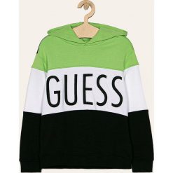 Guess Jeans - Bluza dziecięca 113-157 cm. Białe bluzy chłopięce Guess Jeans, z aplikacjami, z bawełny, bez rękawów, z kapturem. W wyprzedaży za 139,90 zł.