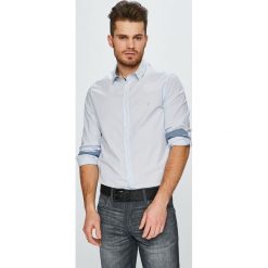 Trussardi Jeans - Koszula. Niebieskie koszule męskie Trussardi Jeans, w paski, z elastanu, klasyczne, z włoskim kołnierzykiem, z długim rękawem. W wyprzedaży za 339,90 zł.