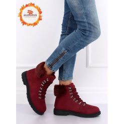 Buty traperki damskie bordowe Y260-9 RED. Czerwone botki damskie obuwie damskie, na zimę, z zamszu, bez obcasa, na płaskiej podeszwie, na sznurówki. Za 78,03 zł.