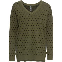 Sweter bonprix ciemnooliwkowo-czarny w kropki. Zielone swetry klasyczne damskie bonprix, z dekoltem w serek. Za 59,99 zł.