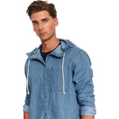 Koszula okryciowa z denimu. Niebieskie koszule męskie na jesień, xxl, z denimu, eleganckie, z kapturem. W wyprzedaży za 39,99 zł.