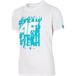 T-shirt chłopięcy (122-164) JTSM220 - biały. Białe t-shirty chłopięce 4F JUNIOR, z nadrukiem, z materiału, bez rękawów. Za 34,99 zł.
