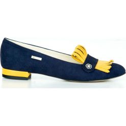 Dwukolorowe balerinki z frędzlami - skóra naturalna - model 046 - kolor granat nubuk+żółty. Żółte baleriny damskie Zapato, bez wzorów, z jeansu, klasyczne, bez obcasa, na obcasie. W wyprzedaży za 179,40 zł.