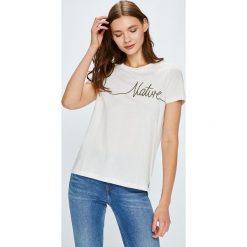 Vero Moda - Top. Szare topy damskie Vero Moda, m, z nadrukiem, z bawełny, z okrągłym kołnierzem. W wyprzedaży za 34,90 zł.
