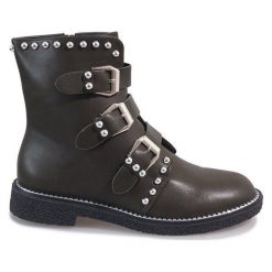 Zielone botki z ćwiekami WD-713. Zielone botki damskie ButyModne, rockowe, na wysokim obcasie, na rzepy. Za 69,00 zł.