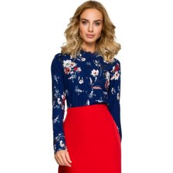 Bluzka koszulowa w kwiaty - granatowa. Bluzki damskie Moe, s, z nadrukiem, z elastanu, eleganckie, z falbankami, bez rękawów. Za 149,00 zł.
