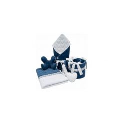 Komplet do łóżeczka Velvet Love Navy blue White Granatowy + Biały. Niebieskie komplety niemowlęce LovelyDreams, w koronkowe wzory, z bawełny. Za 220,00 zł.