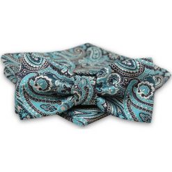 Miętowo-Granatowa Mucha Męska -ALTIES- z Taką Samą Poszetką, Wzór Paisley MUALTS0610. Niebieskie muszki męskie Alties, na imprezę, w paski, eleganckie. Za 40,00 zł.