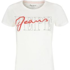 T- shirt Pepe Jeans. Białe koszulki damskie Pepe Jeans, z nadrukiem, z jeansu, bez kołnierzyka, bez rękawów. Za 89,00 zł.