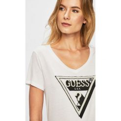 Guess Jeans - Top. Białe bluzki damskie Guess Jeans, s, z aplikacjami, z bawełny, bez kołnierzyka, z krótkim rękawem. Za 229,90 zł.