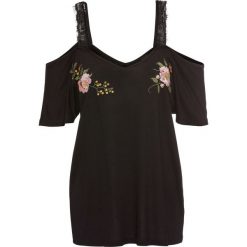 Shirt z koronką i haftem bonprix czarny. Czarne koszulki damskie marki bonprix, w koronkowe wzory, z koronki, bez kołnierzyka, z krótkim rękawem. Za 79,99 zł.