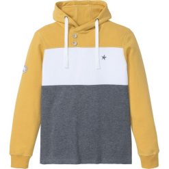 Bluza z materiału pique, z kapturem bonprix curry-biało-szary melanż. Pomarańczowe bluzy męskie bonprix, xxl, melanż, z kapturem. Za 99,99 zł.