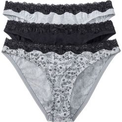 Figi (3 pary) bonprix z nadrukiem + czarny + szary melanż. Czarne majtki damskie bonprix, z nadrukiem, z koronki. Za 53,97 zł.