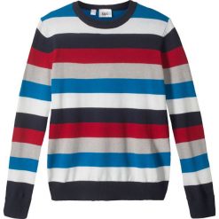 Sweter chłopięcy dzianinowy w paski bonprix niebiesko-czerwono-biały w paski. Niebieskie swetry chłopięce bonprix, w paski, z dzianiny, bez kołnierzyka. Za 54,99 zł.