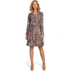 MADISON Sukienka trapezowa - boho. Szare sukienki damskie koktajlowe marki Moe, z nadrukiem, z dekoltem w serek, z długim rękawem, długie, midi, trapezowe. Za 179,90 zł.