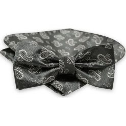 Szara Mucha Męska -ALTIES- z Taką Samą Poszetką, Popielata, Wzór Paisley MUALTS0560. Szare muszki męskie Alties, na imprezę, w paski, eleganckie. Za 39,00 zł.