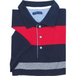 Granatowa męska koszulka polo w czerwono-białe paski KP16. Czerwone koszulki męskie Lanieri Fashion - swetry męskie, m, w paski, z bawełny, casualowe, z krótkim rękawem. W wyprzedaży za 134,10 zł.