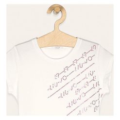 Liu Jo - T-shirt dziecięcy 128-170 cm. Białe bluzki dziewczęce Liu Jo, z aplikacjami, z elastanu, z okrągłym kołnierzem, z krótkim rękawem, krótkie, bez kaptura. Za 239,90 zł.
