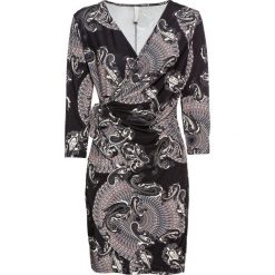 Sukienka shirtowa z efektem założenia kopertowego bonprix czarno-kremowy z nadrukiem. Czarne sukienki damskie bonprix, z nadrukiem, bez kołnierzyka, bez rękawów, kopertowe. Za 109,99 zł.