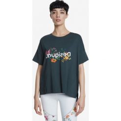 Desigual Flowers Koszulka Zielony. Zielone koszulki damskie Desigual, m, z nadrukiem, z bawełny, bez kołnierzyka, z krótkim rękawem. Za 223,95 zł.