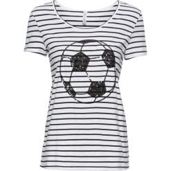 T-shirt bonprix czarno-biały w paski. Białe t-shirty damskie bonprix, z aplikacjami, z okrągłym kołnierzem. Za 69,99 zł.