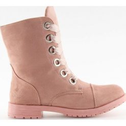 Botki workery różowe AB-8 PINK. Różowe botki damskie z zamszu, na wysokim obcasie, na sznurówki. Za 84,93 zł.