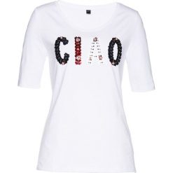 T-shirt z cekinami bonprix biały. Białe koszulki damskie bonprix, bez wzorów, bez kołnierzyka, bez rękawów. Za 59,99 zł.