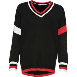 Sweter z kontrastowymi paskami bonprix czarno-biel wełny - czerwony. Czarne swetry damskie marki bonprix, w paski, z wełny, bez rękawów, bez kaptura. Za 89,99 zł.