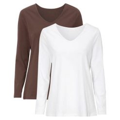 Cellbes Bluzka dżersejowa z długim rękawem 2 Pack brązowy biały female brązowy/biały 42/44. Pomarańczowe bluzki damskie Cellbes, m, bez wzorów, z dżerseju, klasyczne, z dekoltem w serek, z długim rękawem. Za 119,00 zł.