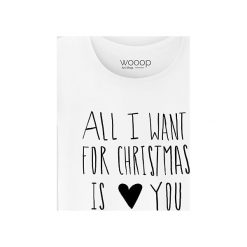 Koszulka "All I want Christmas is you" w kolorze białym. Białe koszulki damskie Wooop, xs, z nadrukiem, z bawełny, z okrągłym kołnierzem. W wyprzedaży za 59,95 zł.