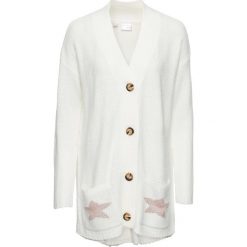 Sweter rozpinany bonprix biel wełny melanż. Białe kardigany damskie marki bonprix, z wełny. Za 44,99 zł.
