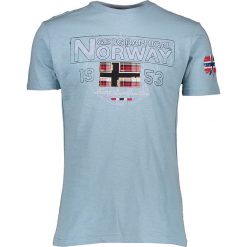 Koszulka "Jamelo" w kolorze błękitnym. Niebieskie koszulki męskie Geographical Norway Men, m, z haftami, z bawełny, z okrągłym kołnierzem, bez rękawów. W wyprzedaży za 59,95 zł.