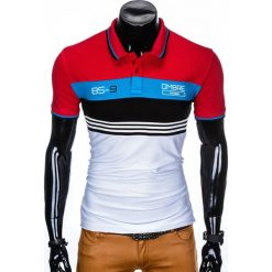 Koszulka męska polo z nadrukiem S913 - czerwona. Czerwone koszulki męskie Ombre Clothing, s, z nadrukiem, bez rękawów. Za 14,99 zł.