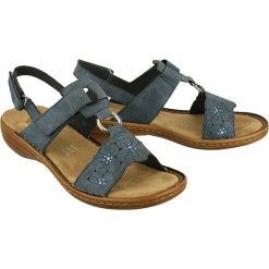 RIEKER 60843-14 blue, sandały damskie. Niebieskie sandały damskie Rieker, bez wzorów, bez obcasa, na rzepy. Za 239,90 zł.