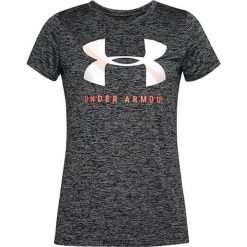 T-shirt w kolorze czarno-białym. T-shirty damskie marki Under Armour, xs, z nadrukiem, z materiału, z okrągłym kołnierzem. W wyprzedaży za 69,95 zł.