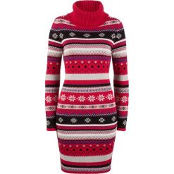 Sukienka dzianinowa żakardowa bonprix czerwony chili wzorzysty. Czerwone sukienki damskie bonprix, bez wzorów, z dzianiny, bez kołnierzyka, bez rękawów. Za 89,99 zł.