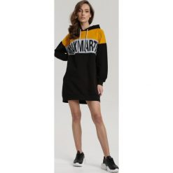 Czarno-Żółta Bluza Abathei. Czarne bluzy damskie Renee, s, z nadrukiem, z długim rękawem, długie, z kapturem. Za 79,99 zł.