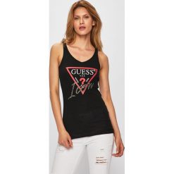 Guess Jeans - Top. Niebieskie bluzki damskie Guess Jeans, s, z nadrukiem, z bawełny, bez kołnierzyka, bez rękawów. W wyprzedaży za 89,90 zł.