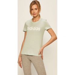 Adidas - T-shirt. Zielone topy damskie Adidas, s, z nadrukiem, z bawełny, z okrągłym kołnierzem. Za 79,90 zł.