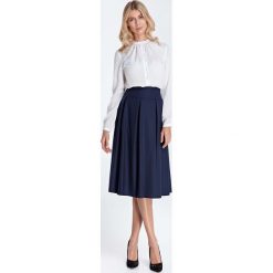 Granatowa Rozkloszowana Spódnica w Kontrafałdy z Wysokim Stanem. Niebieskie spódniczki damskie Molly.pl, do pracy, s, bez wzorów, eleganckie, z podwyższonym stanem, rozkloszowane. Za 169,90 zł.