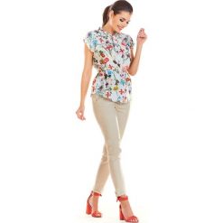 Ecru Stylowa Bluzka z Kwiatowym Nadrukiem. Bluzki damskie Molly.pl, s, w paski, z tkaniny, eleganckie, z falbankami, z krótkim rękawem. Za 99,90 zł.